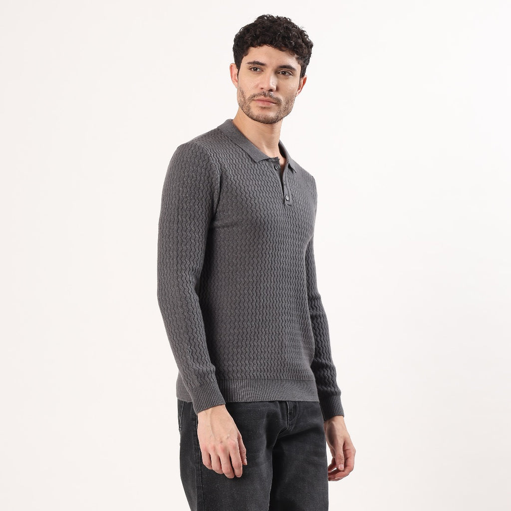 Grey Knitted Polo Sweatshirt