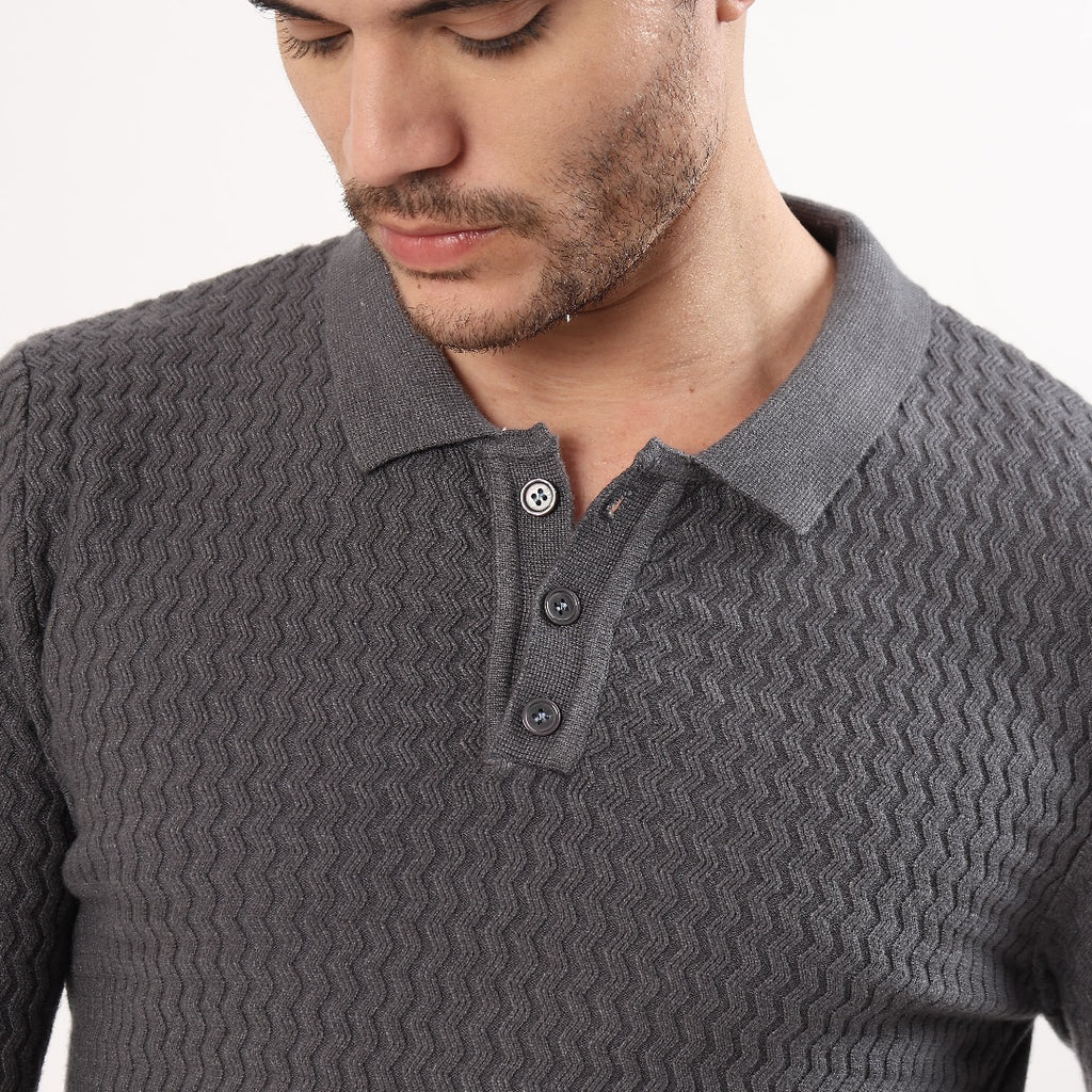 Grey Knitted Polo Sweatshirt